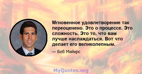 Мгновенное удовлетворение так переоценено. Это о процессе. Это сложность. Это то, что вам лучше наслаждаться. Вот что делает его великолепным.