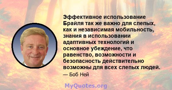 Эффективное использование Брайля так же важно для слепых, как и независимая мобильность, знания в использовании адаптивных технологий и основное убеждение, что равенство, возможности и безопасность действительно