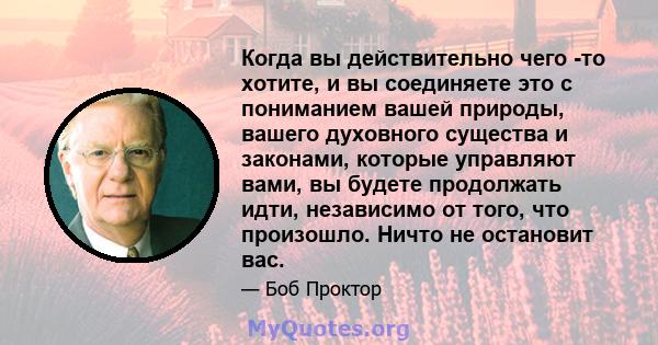 Когда вы действительно чего -то хотите, и вы соединяете это с пониманием вашей природы, вашего духовного существа и законами, которые управляют вами, вы будете продолжать идти, независимо от того, что произошло. Ничто