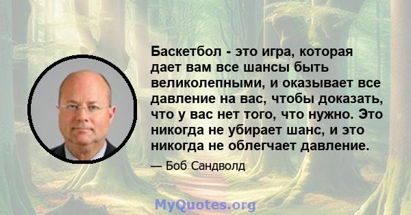 Баскетбол - это игра, которая дает вам все шансы быть великолепными, и оказывает все давление на вас, чтобы доказать, что у вас нет того, что нужно. Это никогда не убирает шанс, и это никогда не облегчает давление.