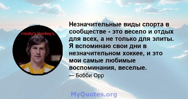 Незначительные виды спорта в сообществе - это весело и отдых для всех, а не только для элиты. Я вспоминаю свои дни в незначительном хоккее, и это мои самые любимые воспоминания, веселые.