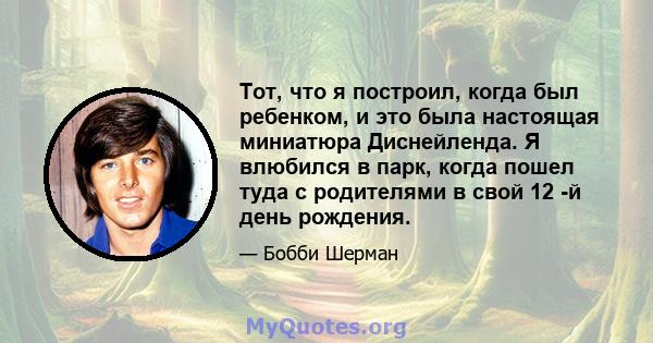 Тот, что я построил, когда был ребенком, и это была настоящая миниатюра Диснейленда. Я влюбился в парк, когда пошел туда с родителями в свой 12 -й день рождения.