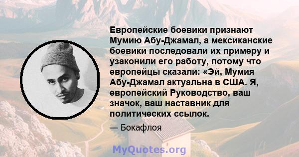 Европейские боевики признают Мумию Абу-Джамал, а мексиканские боевики последовали их примеру и узаконили его работу, потому что европейцы сказали: «Эй, Мумия Абу-Джамал актуальна в США. Я, европейский Руководство, ваш