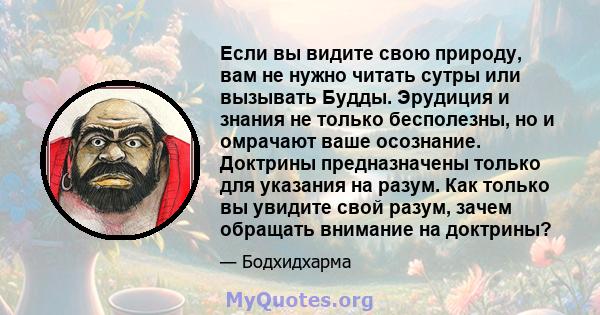 Если вы видите свою природу, вам не нужно читать сутры или вызывать Будды. Эрудиция и знания не только бесполезны, но и омрачают ваше осознание. Доктрины предназначены только для указания на разум. Как только вы увидите 