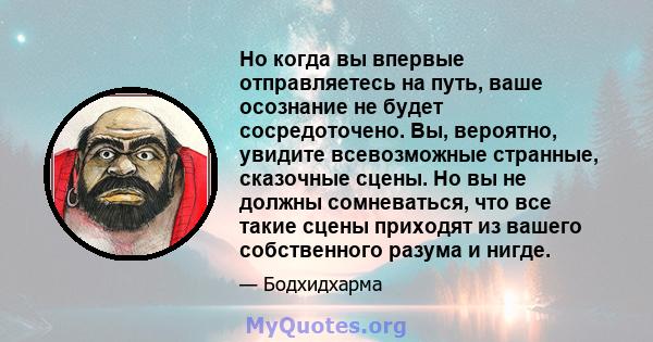 Но когда вы впервые отправляетесь на путь, ваше осознание не будет сосредоточено. Вы, вероятно, увидите всевозможные странные, сказочные сцены. Но вы не должны сомневаться, что все такие сцены приходят из вашего