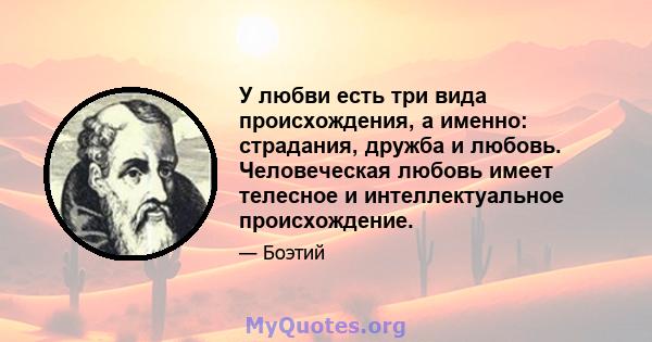 У любви есть три вида происхождения, а именно: страдания, дружба и любовь. Человеческая любовь имеет телесное и интеллектуальное происхождение.