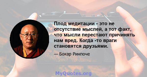 Плод медитации - это не отсутствие мыслей, а тот факт, что мысли перестают причинять нам вред. Когда -то враги становятся друзьями.