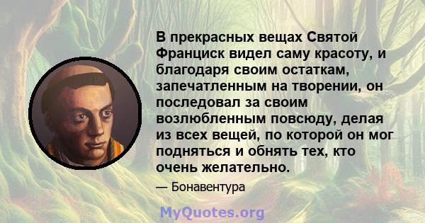 В прекрасных вещах Святой Франциск видел саму красоту, и благодаря своим остаткам, запечатленным на творении, он последовал за своим возлюбленным повсюду, делая из всех вещей, по которой он мог подняться и обнять тех,