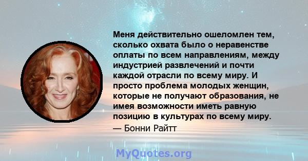 Меня действительно ошеломлен тем, сколько охвата было о неравенстве оплаты по всем направлениям, между индустрией развлечений и почти каждой отрасли по всему миру. И просто проблема молодых женщин, которые не получают