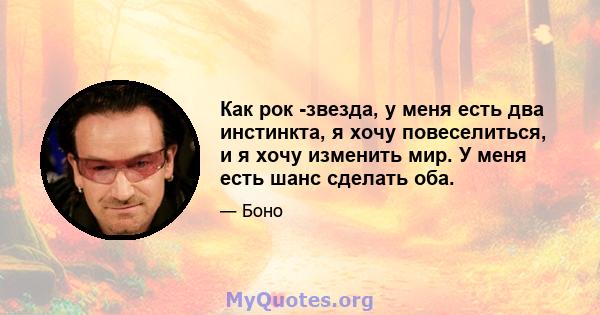 Как рок -звезда, у меня есть два инстинкта, я хочу повеселиться, и я хочу изменить мир. У меня есть шанс сделать оба.