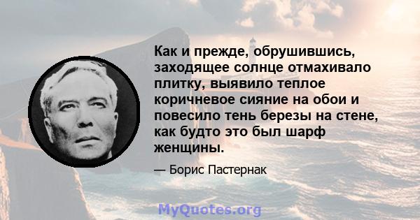 Как и прежде, обрушившись, заходящее солнце отмахивало плитку, выявило теплое коричневое сияние на обои и повесило тень березы на стене, как будто это был шарф женщины.