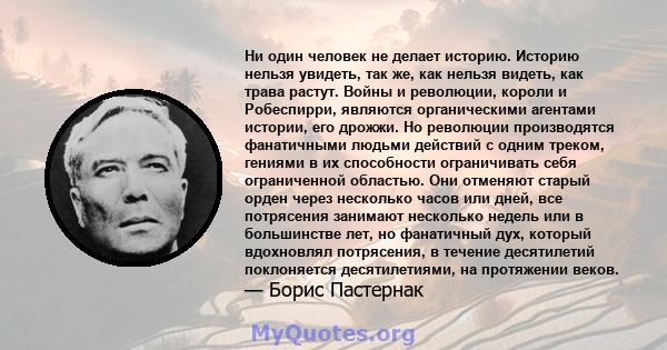 Ни один человек не делает историю. Историю нельзя увидеть, так же, как нельзя видеть, как трава растут. Войны и революции, короли и Робеспирри, являются органическими агентами истории, его дрожжи. Но революции