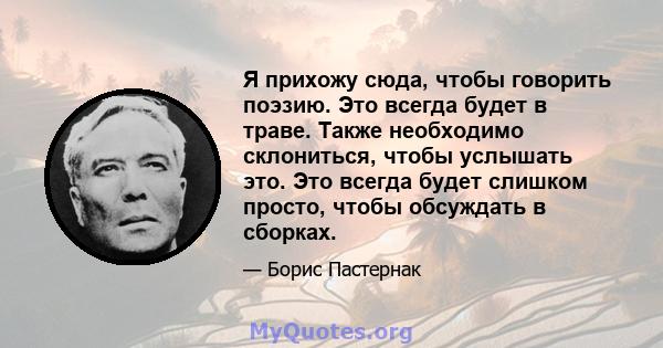 Я прихожу сюда, чтобы говорить поэзию. Это всегда будет в траве. Также необходимо склониться, чтобы услышать это. Это всегда будет слишком просто, чтобы обсуждать в сборках.