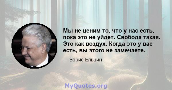 Мы не ценим то, что у нас есть, пока это не уйдет. Свобода такая. Это как воздух. Когда это у вас есть, вы этого не замечаете.