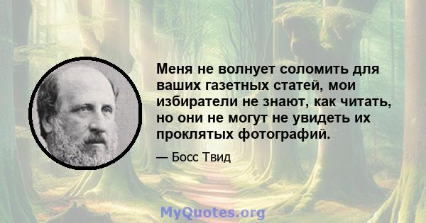 Меня не волнует соломить для ваших газетных статей, мои избиратели не знают, как читать, но они не могут не увидеть их проклятых фотографий.