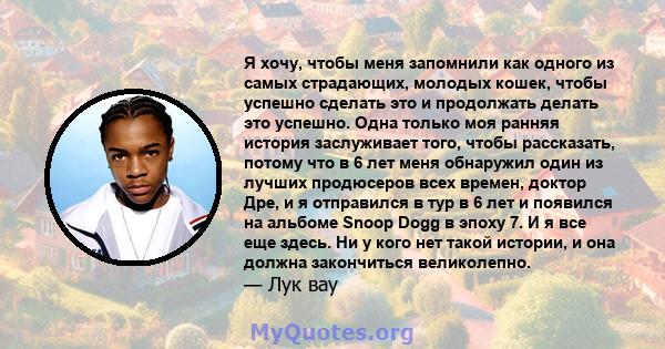 Я хочу, чтобы меня запомнили как одного из самых страдающих, молодых кошек, чтобы успешно сделать это и продолжать делать это успешно. Одна только моя ранняя история заслуживает того, чтобы рассказать, потому что в 6