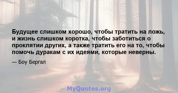 Будущее слишком хорошо, чтобы тратить на ложь, и жизнь слишком коротка, чтобы заботиться о проклятии других, а также тратить его на то, чтобы помочь дуракам с их идеями, которые неверны.