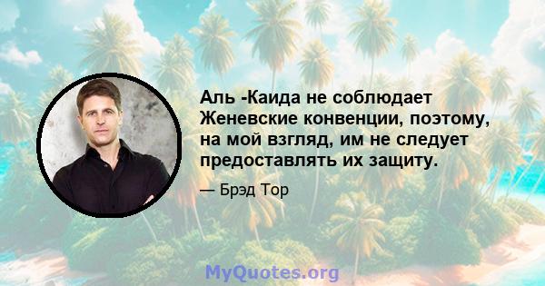 Аль -Каида не соблюдает Женевские конвенции, поэтому, на мой взгляд, им не следует предоставлять их защиту.