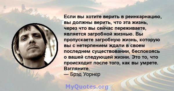 Если вы хотите верить в реинкарнацию, вы должны верить, что эта жизнь, через что вы сейчас переживаете, является загробной жизнью. Вы пропускаете загробную жизнь, которую вы с нетерпением ждали в своем последнем