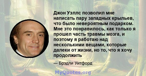 Джон Уэллс позволил мне написать пару западных крыльев, что было невероятным подарком. Мне это понравилось, как только я прошел часть травмы мозга, и поэтому я работаю над несколькими вещами, которые далеки от жизни, но 