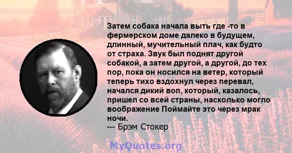 Затем собака начала выть где -то в фермерском доме далеко в будущем, длинный, мучительный плач, как будто от страха. Звук был поднят другой собакой, а затем другой, а другой, до тех пор, пока он носился на ветер,