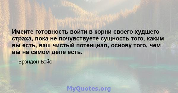 Имейте готовность войти в корни своего худшего страха, пока не почувствуете сущность того, каким вы есть, ваш чистый потенциал, основу того, чем вы на самом деле есть.