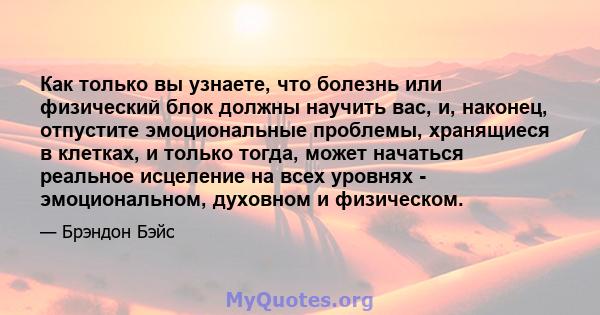 Как только вы узнаете, что болезнь или физический блок должны научить вас, и, наконец, отпустите эмоциональные проблемы, хранящиеся в клетках, и только тогда, может начаться реальное исцеление на всех уровнях -