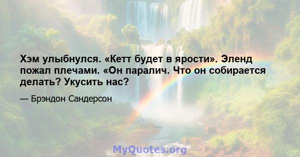 Хэм улыбнулся. «Кетт будет в ярости». Эленд пожал плечами. «Он паралич. Что он собирается делать? Укусить нас?