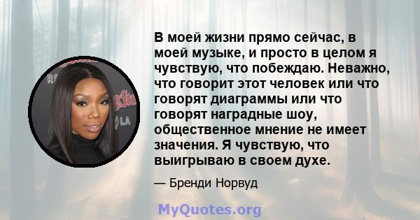 В моей жизни прямо сейчас, в моей музыке, и просто в целом я чувствую, что побеждаю. Неважно, что говорит этот человек или что говорят диаграммы или что говорят наградные шоу, общественное мнение не имеет значения. Я