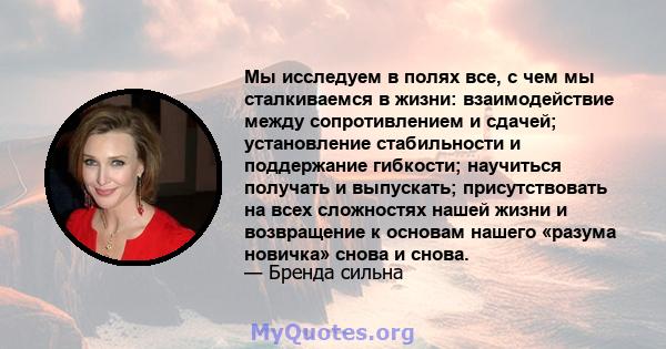 Мы исследуем в полях все, с чем мы сталкиваемся в жизни: взаимодействие между сопротивлением и сдачей; установление стабильности и поддержание гибкости; научиться получать и выпускать; присутствовать на всех сложностях