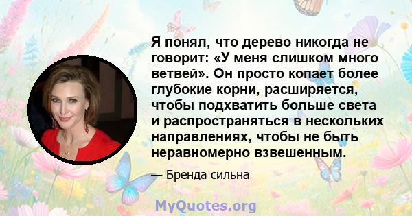 Я понял, что дерево никогда не говорит: «У меня слишком много ветвей». Он просто копает более глубокие корни, расширяется, чтобы подхватить больше света и распространяться в нескольких направлениях, чтобы не быть