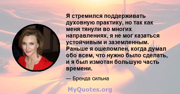 Я стремился поддерживать духовную практику, но так как меня тянули во многих направлениях, я не мог казаться устойчивым и заземленным. Раньше я ошеломлен, когда думал обо всем, что нужно было сделать, и я был измотан