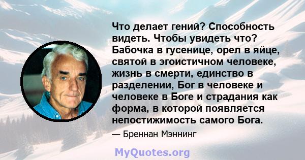 Что делает гений? Способность видеть. Чтобы увидеть что? Бабочка в гусенице, орел в яйце, святой в эгоистичном человеке, жизнь в смерти, единство в разделении, Бог в человеке и человеке в Боге и страдания как форма, в