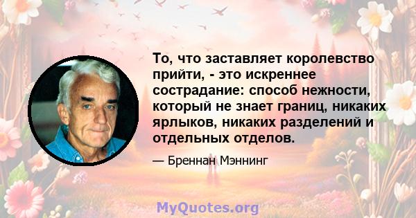 То, что заставляет королевство прийти, - это искреннее сострадание: способ нежности, который не знает границ, никаких ярлыков, никаких разделений и отдельных отделов.