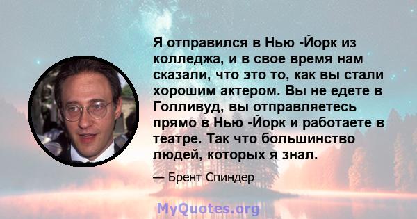 Я отправился в Нью -Йорк из колледжа, и в свое время нам сказали, что это то, как вы стали хорошим актером. Вы не едете в Голливуд, вы отправляетесь прямо в Нью -Йорк и работаете в театре. Так что большинство людей,