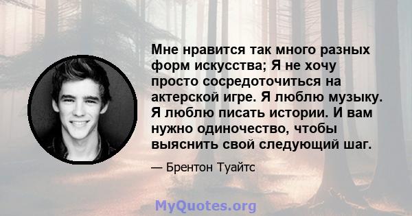 Мне нравится так много разных форм искусства; Я не хочу просто сосредоточиться на актерской игре. Я люблю музыку. Я люблю писать истории. И вам нужно одиночество, чтобы выяснить свой следующий шаг.