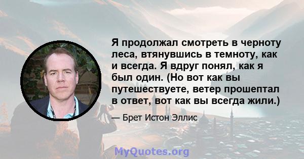 Я продолжал смотреть в черноту леса, втянувшись в темноту, как и всегда. Я вдруг понял, как я был один. (Но вот как вы путешествуете, ветер прошептал в ответ, вот как вы всегда жили.)