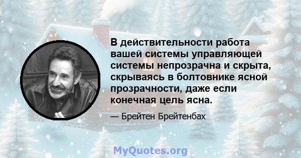 В действительности работа вашей системы управляющей системы непрозрачна и скрыта, скрываясь в болтовнике ясной прозрачности, даже если конечная цель ясна.