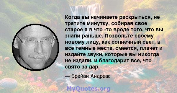 Когда вы начинаете раскрыться, не тратите минутку, собирая свое старое я в что -то вроде того, что вы знали раньше. Позвольте своему новому лицу, как солнечный свет, в все темные места, смеется, плачет и издайте звуки,