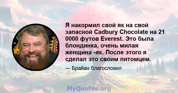 Я накормил свой як на свой запасной Cadbury Chocolate на 21 0000 футов Everest. Это была блондинка, очень милая женщина -як. После этого я сделал это своим питомцем.