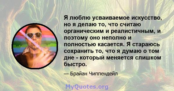 Я люблю усваиваемое искусство, но я делаю то, что считаю органическим и реалистичным, и поэтому оно неполно и полностью касается. Я стараюсь сохранить то, что я думаю о том дне - который меняется слишком быстро.