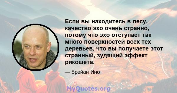 Если вы находитесь в лесу, качество эхо очень странно, потому что эхо отступает так много поверхностей всех тех деревьев, что вы получаете этот странный, зудящий эффект рикошета.