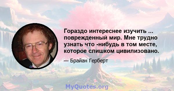 Гораздо интереснее изучить ... поврежденный мир. Мне трудно узнать что -нибудь в том месте, которое слишком цивилизовано.