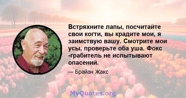 Встряхните лапы, посчитайте свои когти, вы крадите мои, я заимствую вашу. Смотрите мои усы, проверьте оба уша. Фокс -грабитель не испытывают опасений.