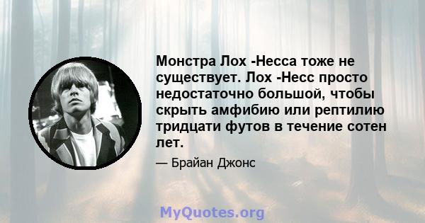 Монстра Лох -Несса тоже не существует. Лох -Несс просто недостаточно большой, чтобы скрыть амфибию или рептилию тридцати футов в течение сотен лет.