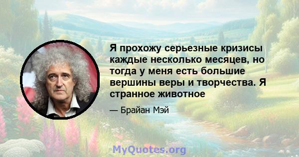 Я прохожу серьезные кризисы каждые несколько месяцев, но тогда у меня есть большие вершины веры и творчества. Я странное животное