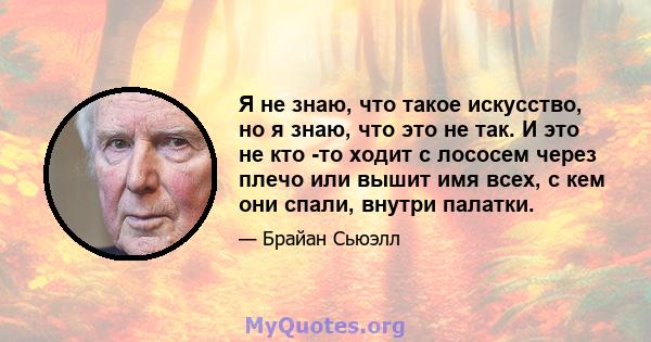 Я не знаю, что такое искусство, но я знаю, что это не так. И это не кто -то ходит с лососем через плечо или вышит имя всех, с кем они спали, внутри палатки.