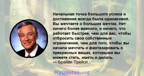 Начальная точка большого успеха и достижения всегда была одинаковой. Вы мечтаете о больших мечтах. Нет ничего более важного, и ничего, что работает быстрее, чем для вас, чтобы отбросить свои собственные ограничения, чем 