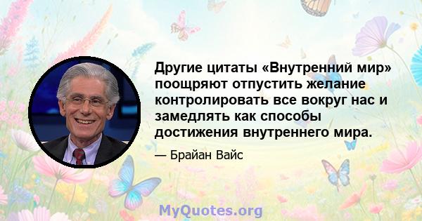 Другие цитаты «Внутренний мир» поощряют отпустить желание контролировать все вокруг нас и замедлять как способы достижения внутреннего мира.