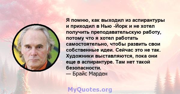 Я помню, как выходил из аспирантуры и приходил в Нью -Йорк и не хотел получить преподавательскую работу, потому что я хотел работать самостоятельно, чтобы развить свои собственные идеи. Сейчас это не так. Художники